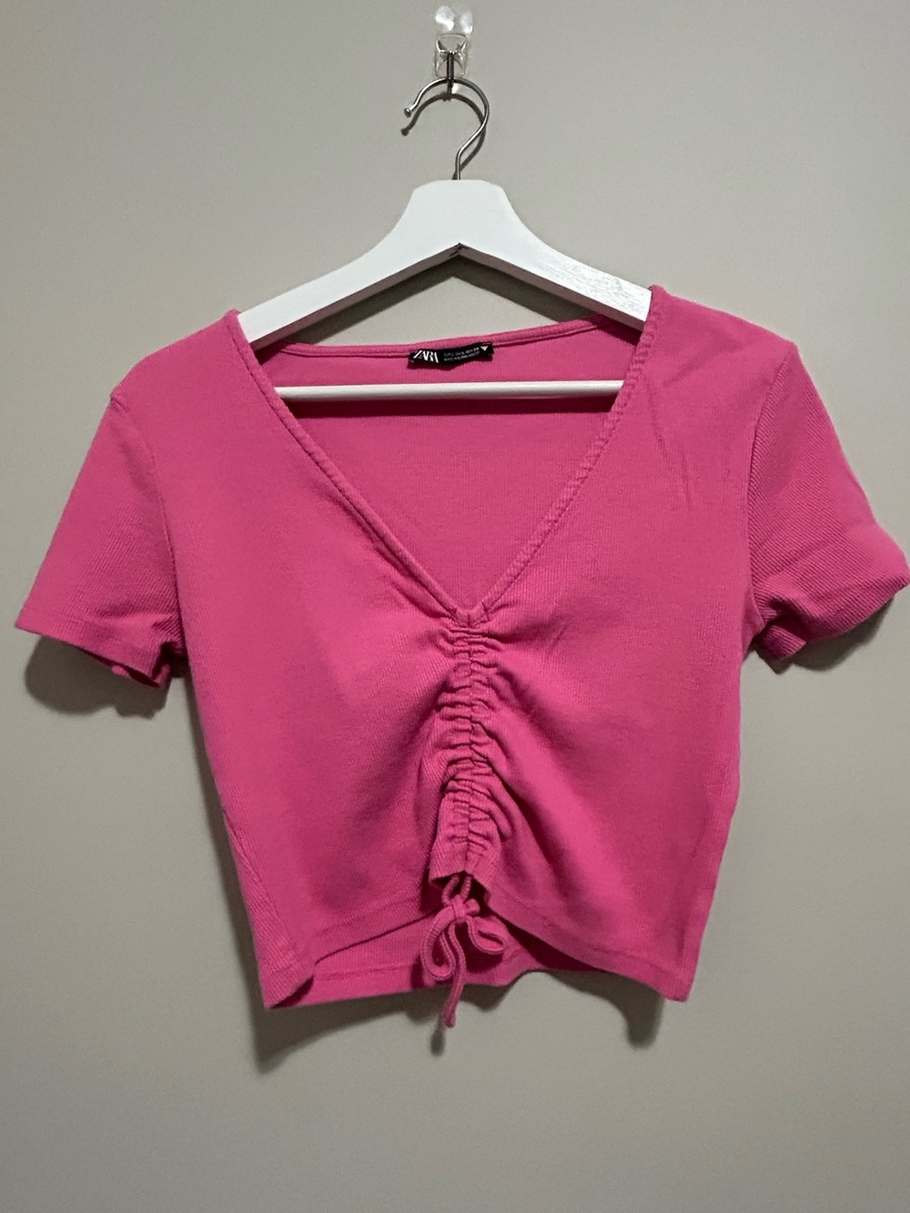 🔥4 for $25 Pink Waffle Ruched V-Neck Short Sleeve Crop Top